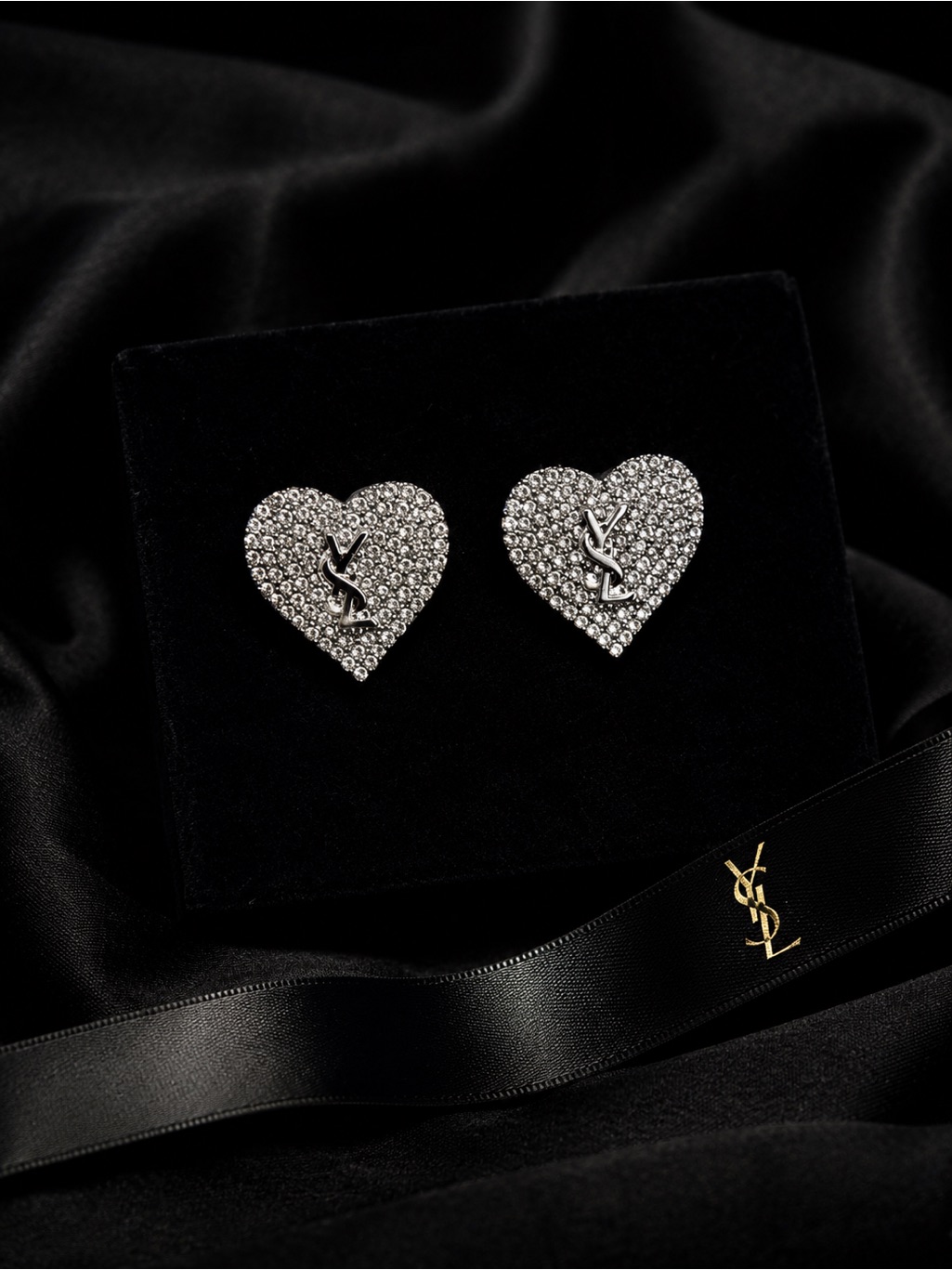 Silver Crystal Heart Ysl Logo Stud Earrings